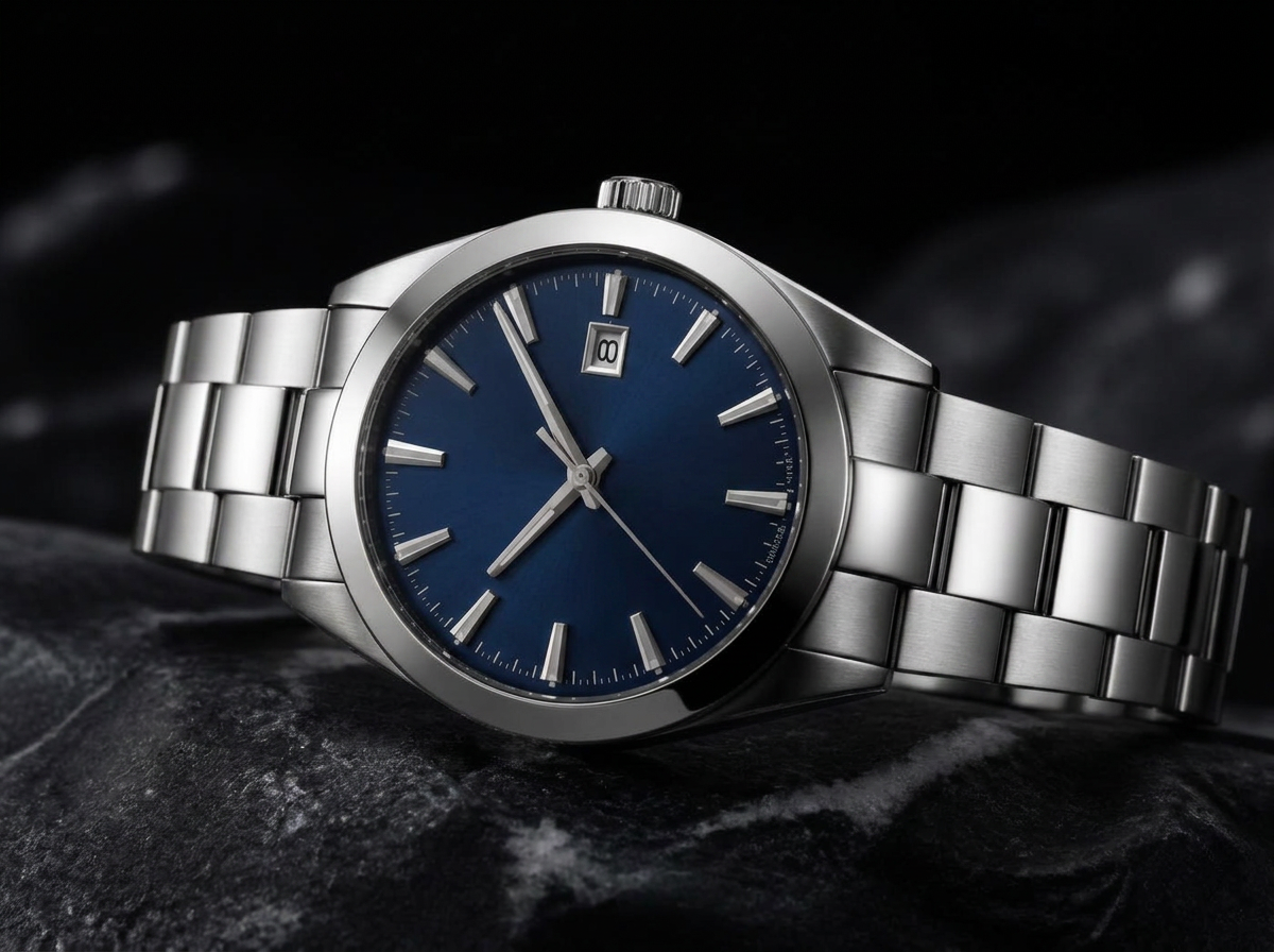 Steel automatic watch with a deep blue dial
